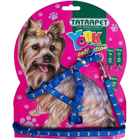 Small dog harness and leash set York Collection showing size measurements and adjustable features