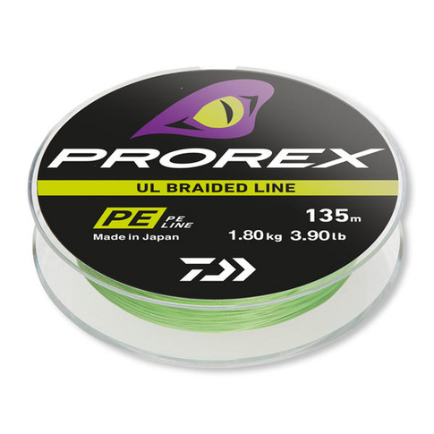 Daiwa Prorex UL Finesse Braid žalias pintas valas žūklei su PE technologija, rodomas ant ritės