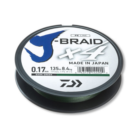 Daiwa J-Braid X4 Dark Green braided fishing line spool showing 4-strand construction and strength specifications