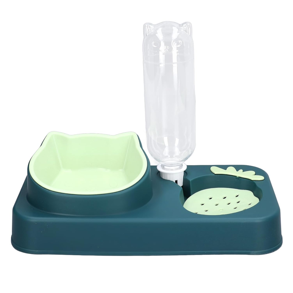Pet water dispenser with tilted plastic bowl and non-slip base
