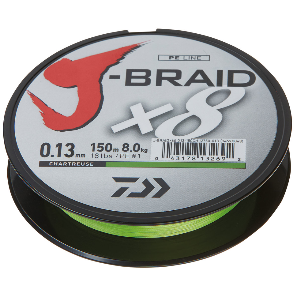 DAIWA J-Braid x8 Chartreuse 150m braided fishing line showing round 8-strand construction and high visibility color