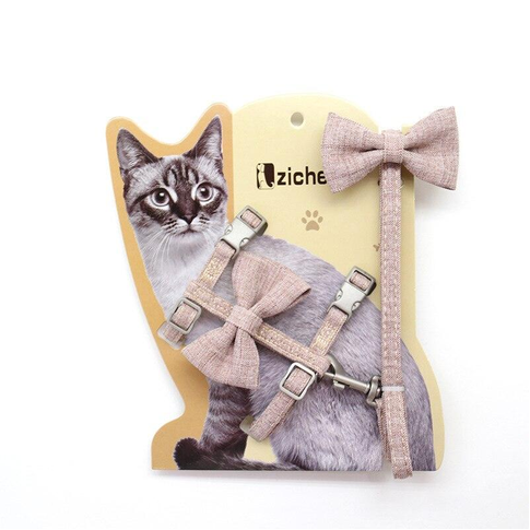 Adjustable cotton cat harness with decorative bow and leash attachment