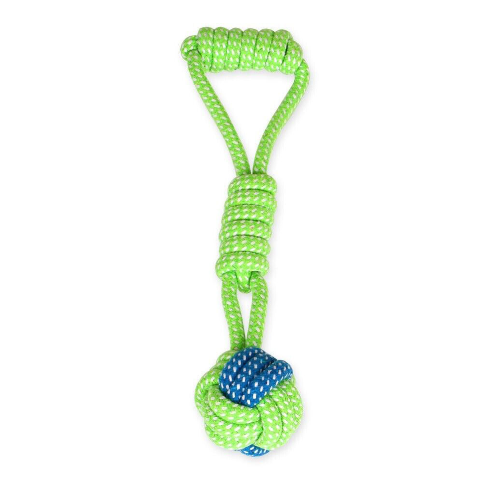 Fabric ball with double rope dog toy for interactive play and teeth cleaning