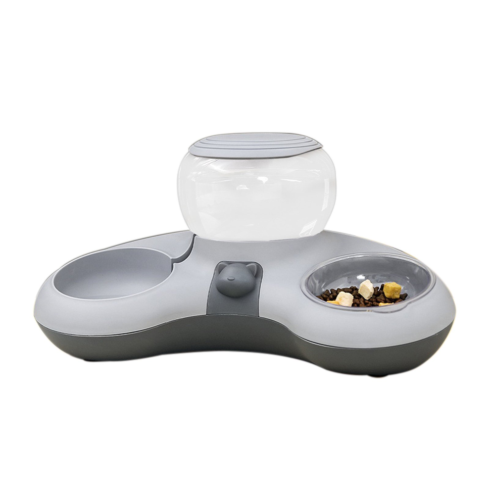 Gray elevated pet feeding station with tilted bowls and automatic water dispenser for cats and dogs