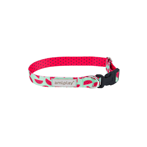 Amiplay BeHappy adjustable dog collar with tropical pattern in multiple sizes featuring durable double-sided tape design