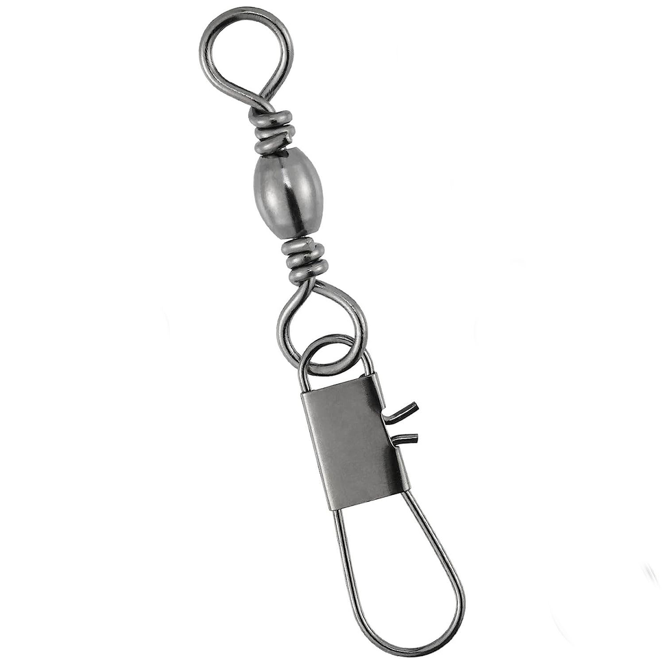 Barrel swivel with interlock snap fishing connector showing rotating mechanism and secure clasp for fishing line