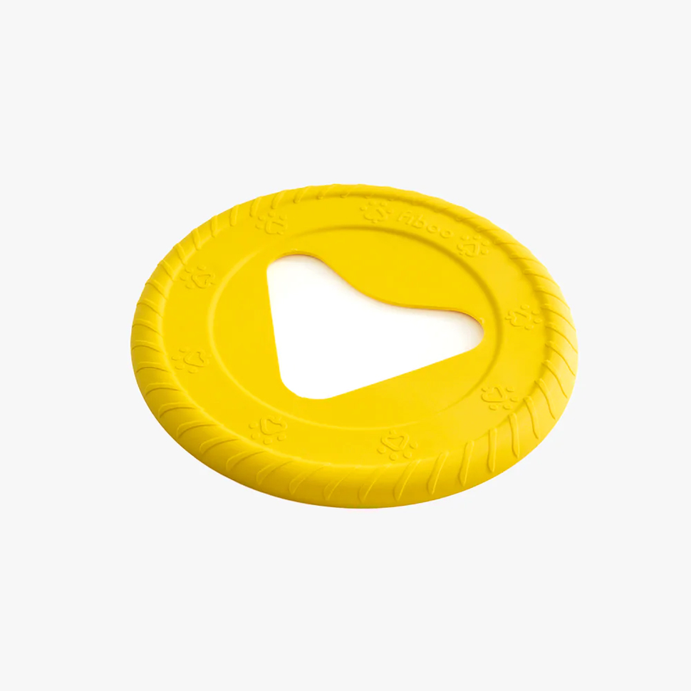 Frisboo 25cm floating dog disc toy shown in action, durable pet training frisbee for active play