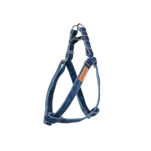 Amiplay Denim adjustable dog harness in blue cotton fabric with secure buckles and size adjustment straps