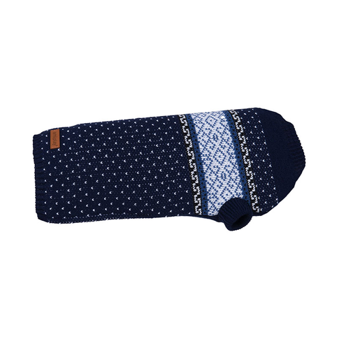 Amiplay Bergen dog sweater in Scandinavian style shown on a dog, displaying elastic fit and warmth
