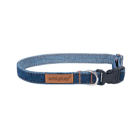 Amiplay Denim adjustable dog collar in blue cotton material showing size adjustments and buckle