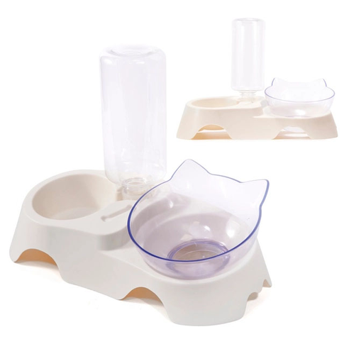 Dvigubas plastikinis dubuo augintiniams su vandens dozatoriumi, baltos spalvos, 30,5 x 15,5 cm