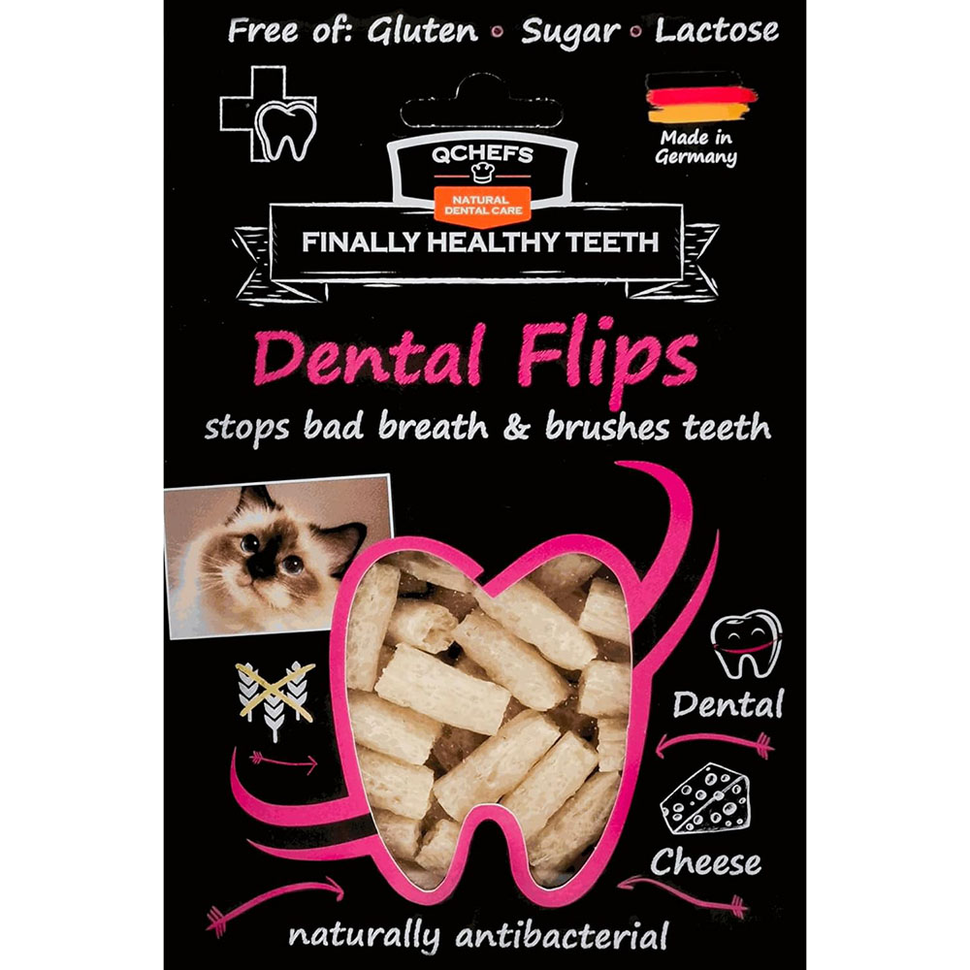 QChefs Dental Flips kačių dantų priežiūros skanėstai su varške, natūralūs ingredientai burnos higienai