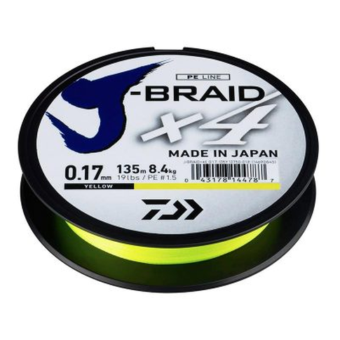 Geltonas pintas valas Daiwa J-Braid X4 su skirtingais diametrais ir ilgiais žvejybai