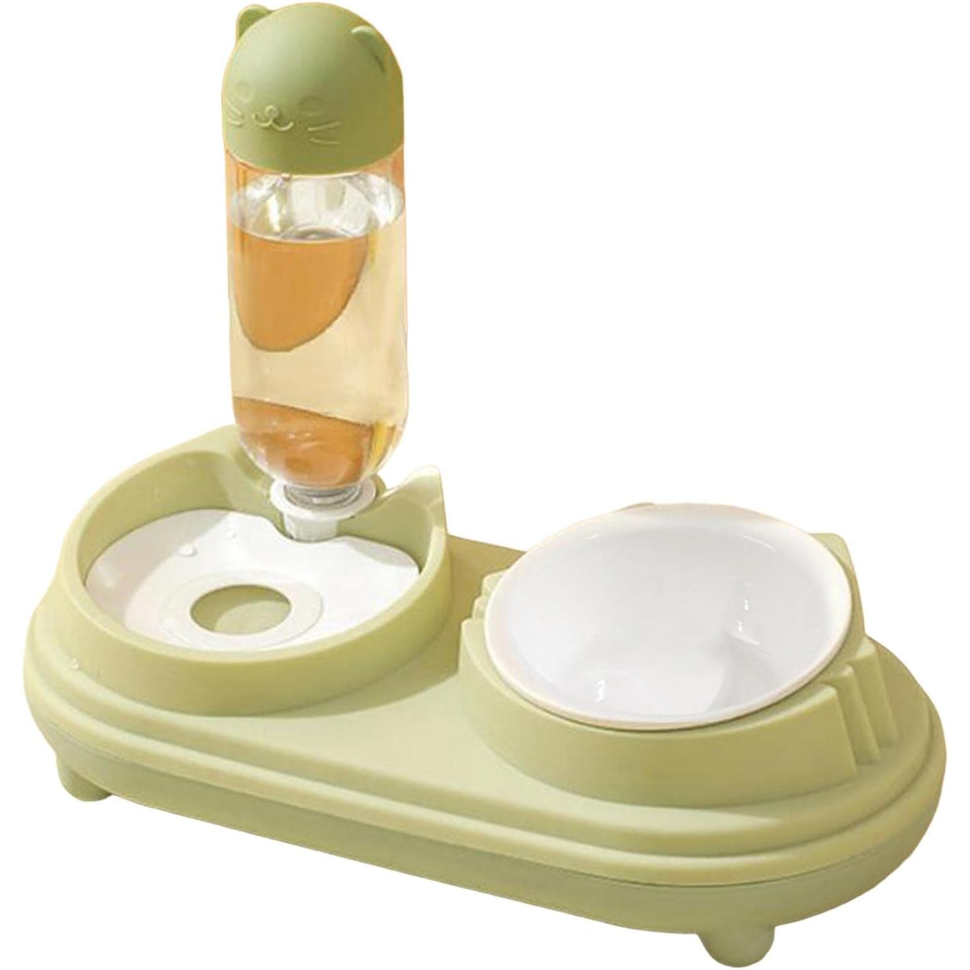 Cat feeding station with ceramic bowl and automatic water dispenser