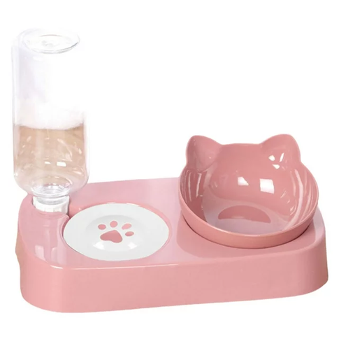 Rožinė automatinė girdykla augintiniams su 500ml talpos buteliu ir ergonominiu 15 laipsnių pakėlimu