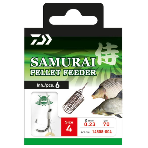 Samurai Pellet Feeder kabliukų rinkinys su 70 cm pavadėliais ir masalo tvirtinimo gumele