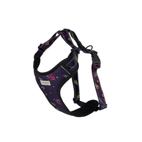 Amiplay Discovery BeSpace adjustable dog harness with space-themed design and reflective elements