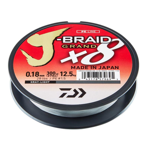 Daiwa J-Braid Grand X8 pilkos spalvos pintas žvejybinis valas 135m ritėje, demonstruojantis aukštą kokybę ir atsparumą