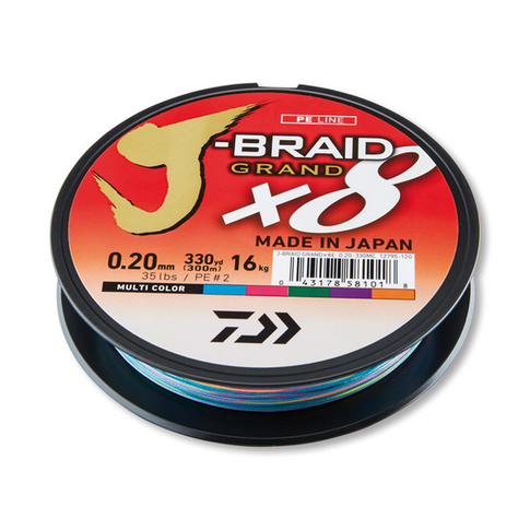 Daiwa J-Braid Grand X8 Multicolor 150m braided fishing line showing multiple color segments and strength specifications