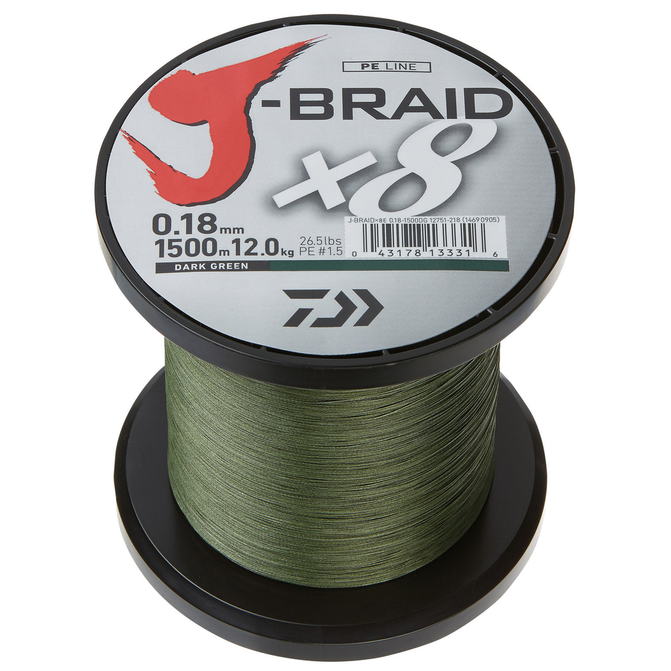 Daiwa J-Braid x8 1500m pintas žvejybinis valas tamsiai žalios spalvos su 6 skirtingais diametrais nuo 0.06 iki 0.20mm