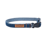 Amiplay Denim adjustable dog collar in blue cotton material showing size adjustments and buckle