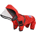 Dog wearing transparent hood raincoat-overall with full leg coverage in rain